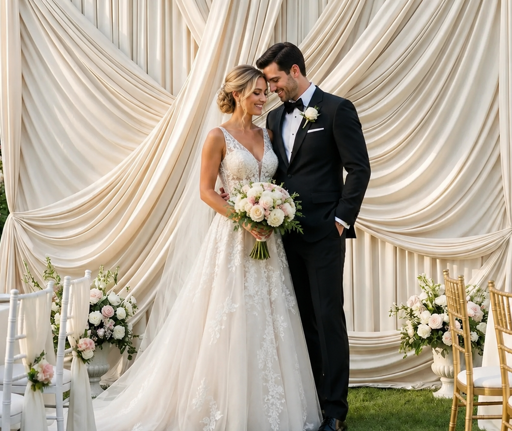 Wedding couple portrait with elegant white drapery backdrop