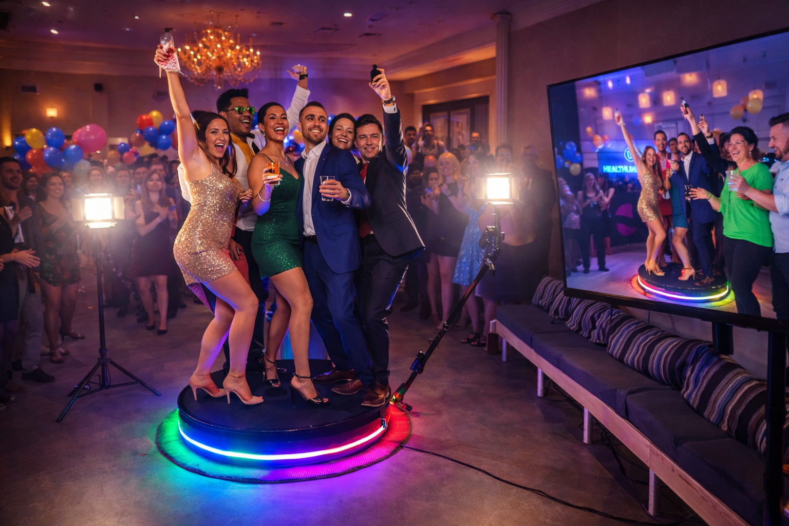 360 video booth spinning with guests at a celebration