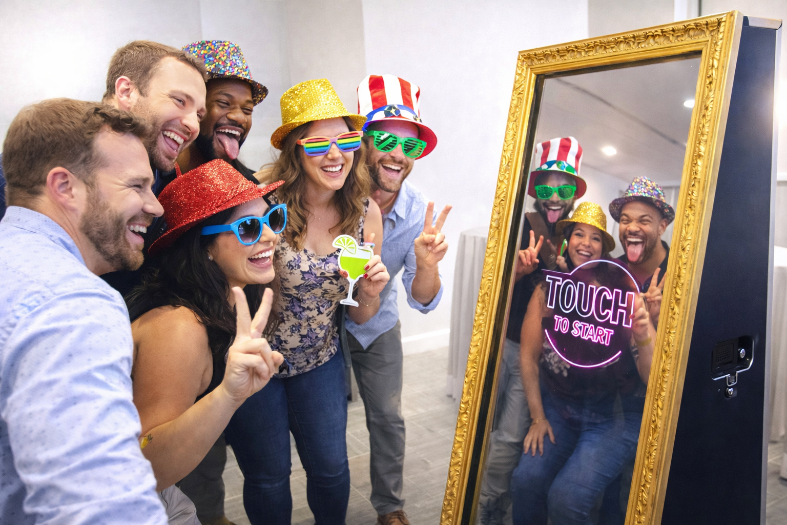 Guests enjoying the Magic Mirror photo booth with gold frame