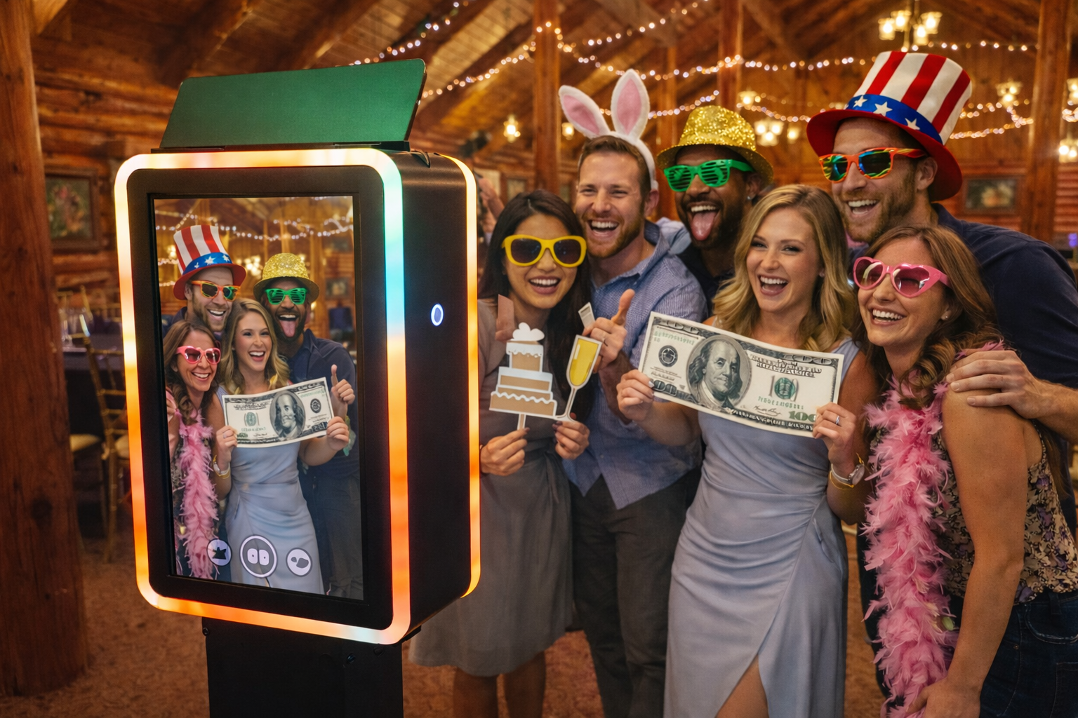 Magic Mirror photo booth fun with props at a rustic venue