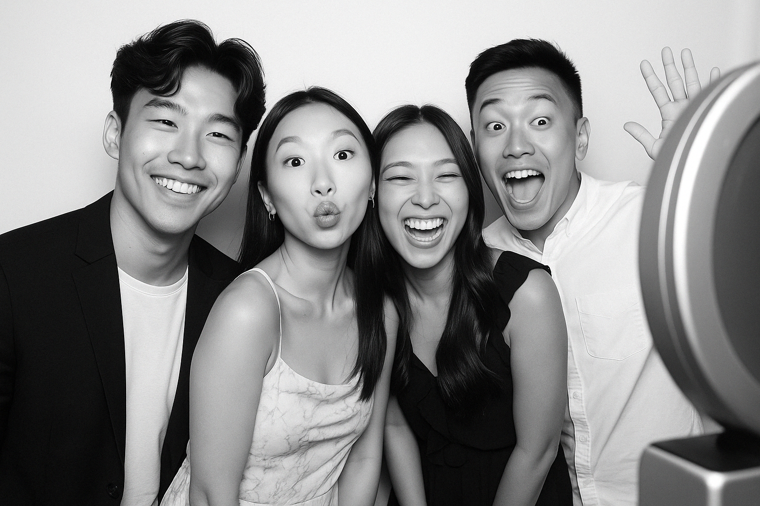 Black and white glam booth portrait with friends