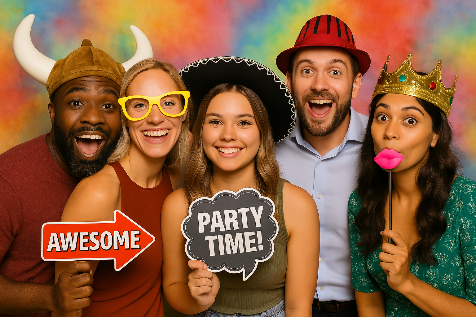 Holiday party guests holding festive signs at the photo booth