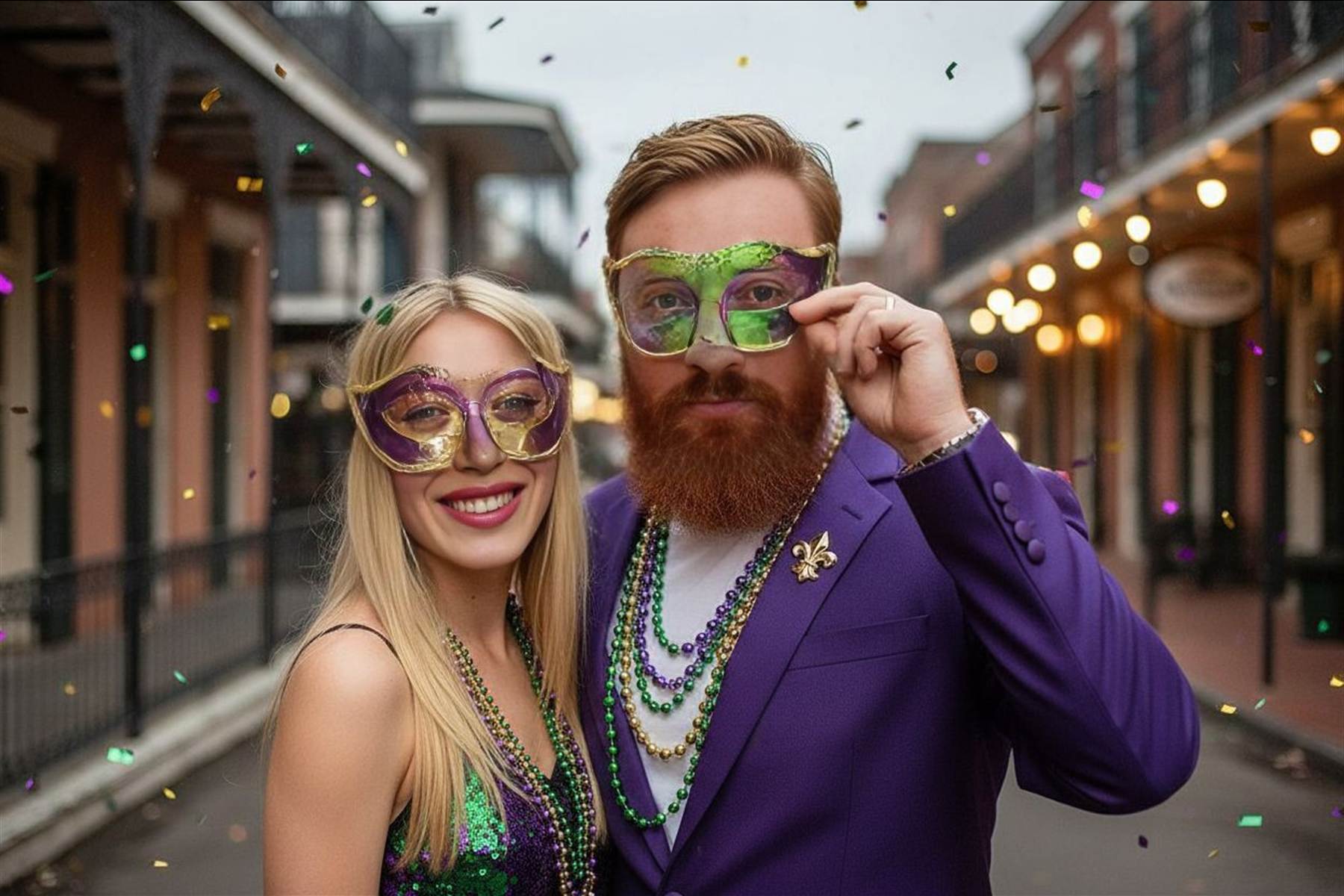 Mardi Gras themed couple with masks and beads