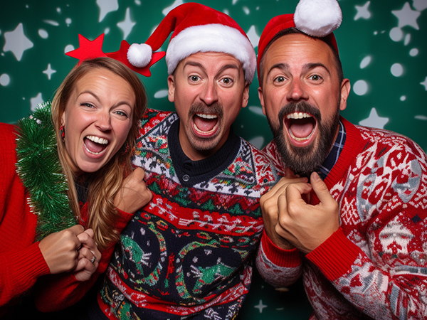 Coworkers in festive Christmas sweaters at a corporate photo booth
