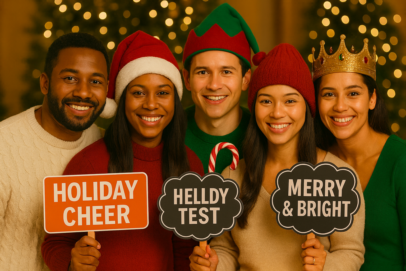 Coworkers celebrating the holidays with Santa hats and signs